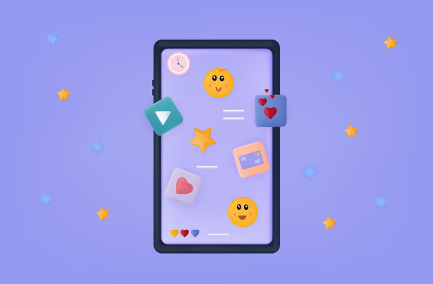 3d社交媒体微笑。表情符号和心在聊天或智能手机应用程序。现代对话或社交媒体对话的概念。用户界面配置文件与内容。喜欢和微笑在聊天。向量图片下载