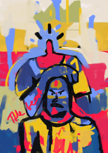 荒谬的人物在粗黑线和人物肖像不快乐，蓝色和充满色彩，街头艺术和80年代的涂鸦。别出心裁的油画，色彩浓烈。墙壁艺术绘画图片下载