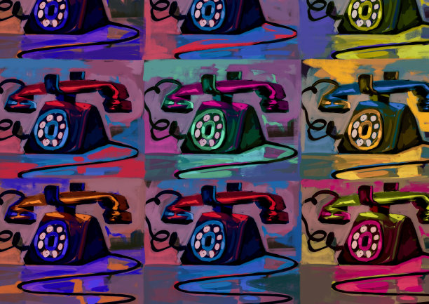 令人兴奋的旧电话以一种彩色的方式复制了安迪·沃霍尔，混合媒体概念，波普艺术和垃圾摇滚。艺术与绘画的辉煌。版画艺术图片下载