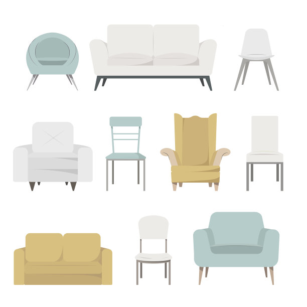 一套现代色彩丰富的软扶手椅和沙发与室内装潢。图片下载