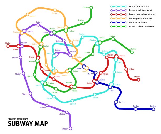 地铁地图。地下过渡道路虚拟城镇公共交通方案模板。地铁或公交抽象的交通模式与圆形无限标志彩色路线。向量卡说明图片下载