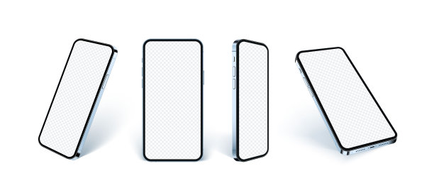 现实的电话模型，新的蓝色蜂窝概念显示应用程序或产品介绍。独立的3d智能手机设置在不同的角度和透视视图的白色背景。图片下载