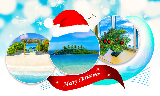 热带海滩木制招牌与圣诞帽图片下载