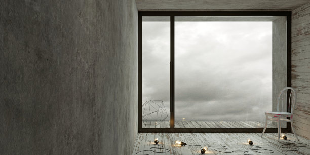 阁楼内部有椅子和大的黑色窗户图片下载