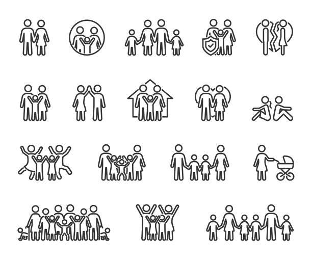 系列线图标的向量集。图标包含夫妻恩爱、大家庭、离婚、争吵、幸福家庭、大家庭等等。像素完美。图片下载