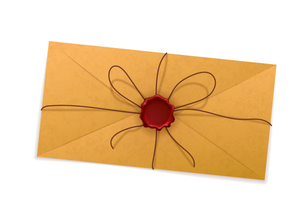 老旧的垃圾黄色的旧信，白色上有红色的蜡封标签图片下载