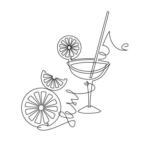 一杯加柑橘角的鸡尾酒。连续的线条画。矢量插图。图片下载