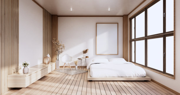 日式卧室的室内模拟与禅宗床上植物和装饰。3 d渲染。图片下载