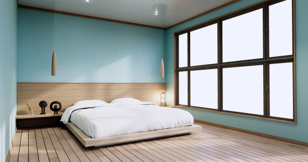 室内模拟与禅宗床植物和装饰在日本薄荷卧室。3 d渲染。图片下载