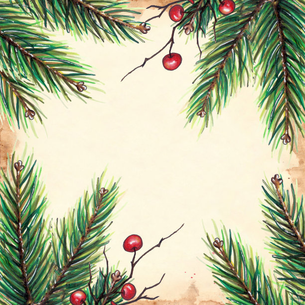水彩笔新年圣诞树树枝假日构图框架边框背景纹理图片下载