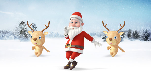 圣诞老人和他的驯鹿在北极跳舞。图片下载