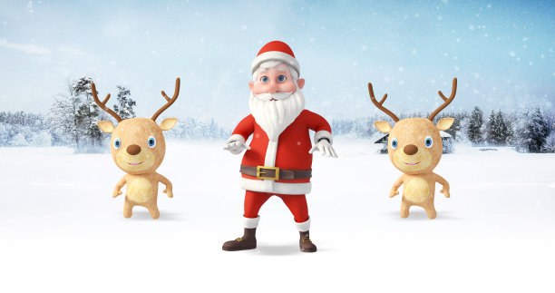 圣诞老人和他有趣的驯鹿朋友在北极跳舞。图片下载