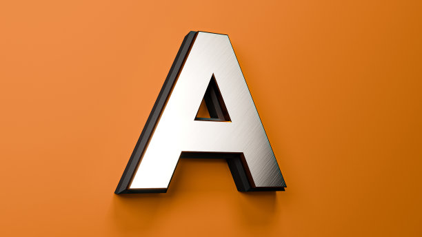 银色金色和黑色字体橙色背景。3D premium字母，数字和符号3D插图图片下载