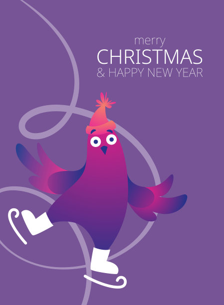 明亮的圣诞海报上有有趣的鸽子。文本“圣诞快乐”。有趣的鸽子穿着溜冰鞋。鸽子在溜冰场上滑冰。假日矢量插图。图片下载
