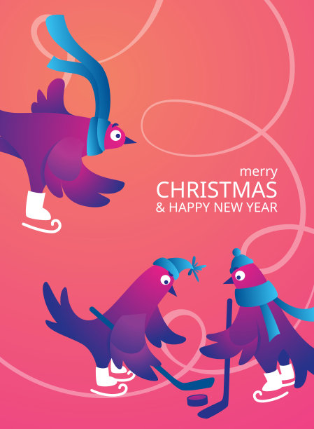 明亮的圣诞海报上有有趣的鸽子。文本“圣诞快乐”。有趣的鸽子穿着溜冰鞋。鸽子在溜冰场上滑冰。假日矢量插图。图片下载