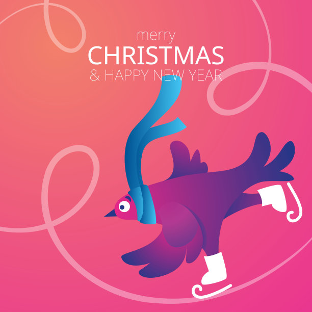 明亮的正方形圣诞旗帜上有有趣的鸽子。文本“圣诞快乐”。有趣的鸽子穿着溜冰鞋。鸽子在溜冰场上滑冰。假日矢量插图。图片下载