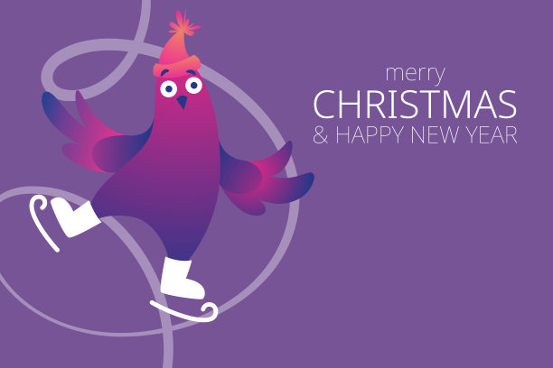 明亮的圣诞节水平网横幅与有趣的鸽子。文本“圣诞快乐”。有趣的鸽子穿着溜冰鞋。鸽子在溜冰场上滑冰。假日矢量插图。图片下载