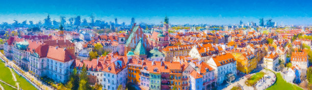 历史城市全景画，以高角度观看丰富多彩的建筑屋顶建筑在旧城市场广场。图片下载