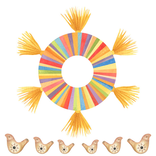 水彩画上有彩色丝带的草圈图片下载