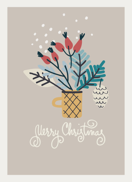 圣诞快乐贺卡与分支安排在米色的背景图片下载