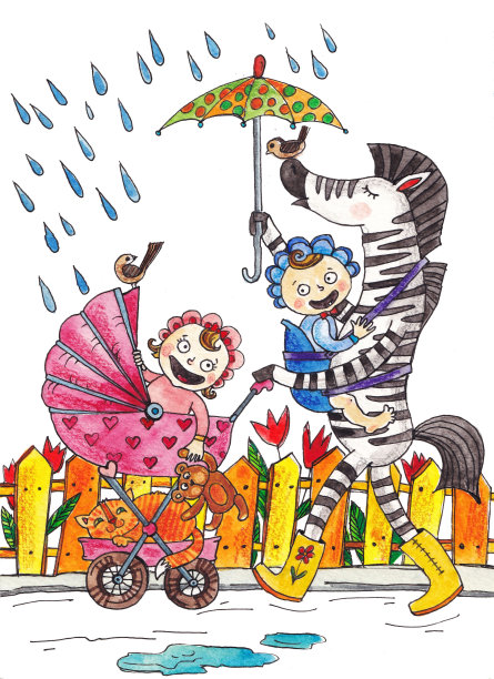 儿童插画:一只斑马和两个孩子，一只斑马是保姆，陪着孩子们散步图片下载