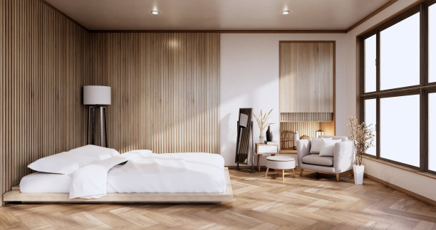 日式卧室的室内模拟与禅宗床上植物和装饰。3 d渲染。图片下载
