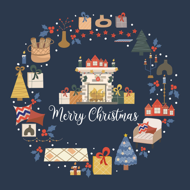 圣诞圆形设计孤立在黑暗的背景上，中间是一个壁炉，上面写着“圣诞快乐”。壁炉里有火，有雪花。矢量插图明信片或假日装饰图片下载