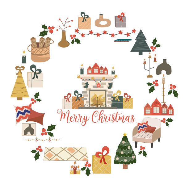 圣诞圆形设计孤立在白色背景上，在壁炉中心与文字圣诞快乐。有火的壁炉，礼物，有袜子的花环。矢量插图明信片，假日装饰图片下载