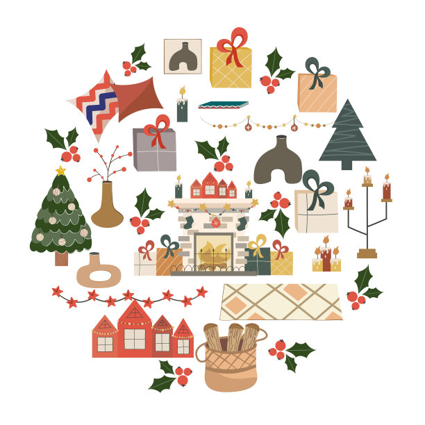 圣诞圆形设计孤立在白色背景上，壁炉与火在中心。有房子、礼物、蜡烛和花环的壁炉。矢量插图明信片或假日装饰图片下载