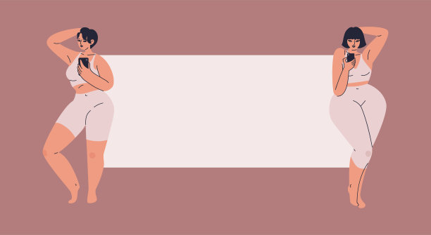 一张挂着电话的空白海报背景上的胖乎乎的漂亮女人。年轻的超重女性穿着紧身运动套装。矢量插图的成年女孩加上大小与空白的文本。图片下载