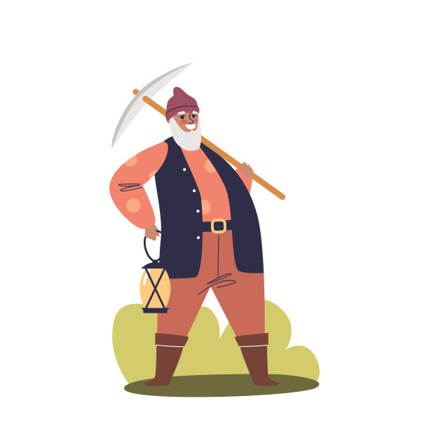 有趣的花园侏儒拿着灯笼和锄头。可爱的卡通矮人在农场或园艺工作图片下载