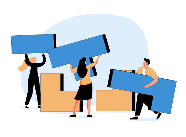 团队精神、协作精神和合作理念。一群年轻的商界同事正在修理卡通人物。图片下载