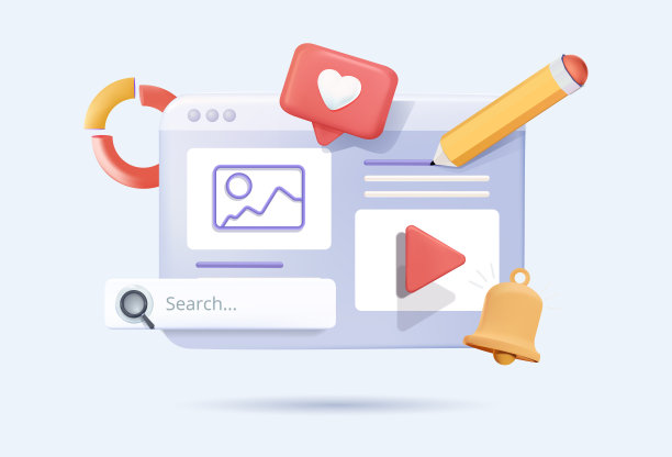 数字屏幕3D插图，视频播放器，画廊，发展，seo分析概念与浮动元素。图片下载