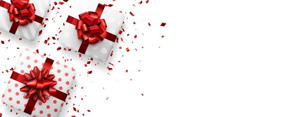 带有红色蝴蝶结和五彩纸屑的白色条纹圆点礼盒。图片下载