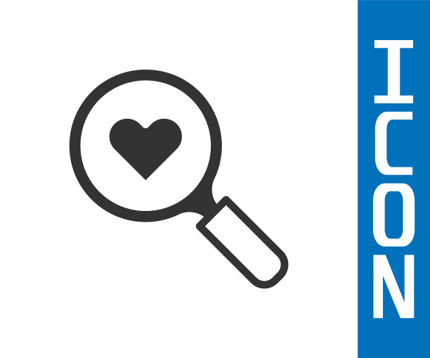 灰色搜索的心和爱的图标孤立在白色的背景。里面有颗心的放大镜。情人节快乐。向量图片下载