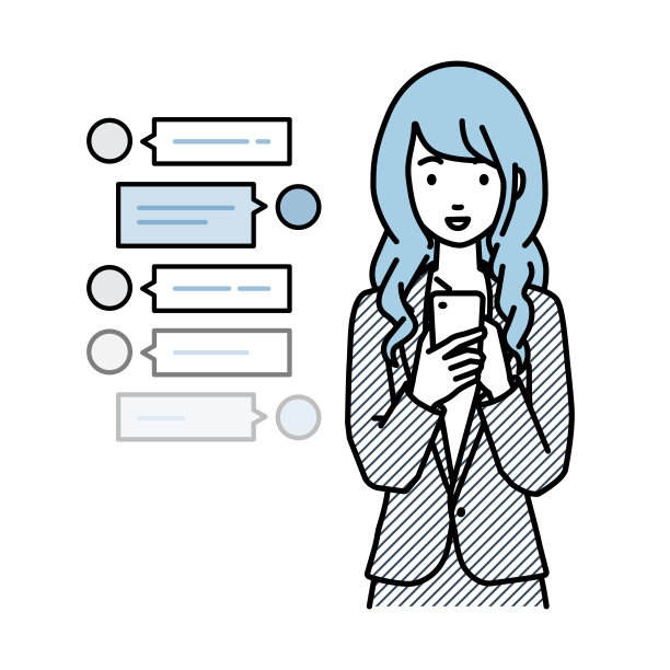 一名身穿西装的女子站在一边看着手里的智能手机，一边通过社交网络聊天聊天图片下载