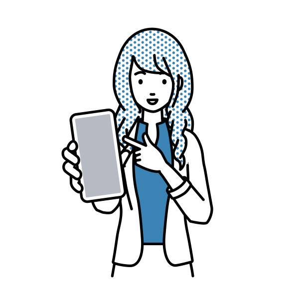 一个穿着工作夹克风格的女人，微笑着推荐、求婚、展示和指着智能手机的模型屏幕图片下载