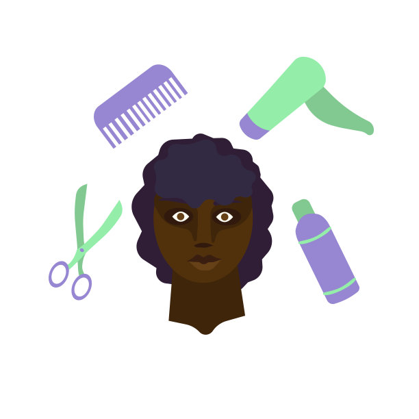 美容院中的黑人女性在白人孤立的背景下，向量黑人女性用剪刀、发型师、喷雾器和梳子在扁平的设计风格，发型和美容的概念转变。图片下载
