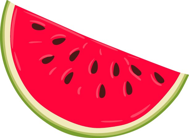 西瓜，整瓤、切片、半瓤、切片、四分之一、种子、花序、叶。平面风格的彩色插图图片下载