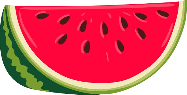 西瓜，整瓤、切片、半瓤、切片、四分之一、种子、花序、叶。平面风格的彩色插图图片下载