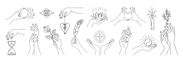 抽象的女人的手。魔法冥想女性手臂符号与植物和线性象征。女孩的四肢捧着荷花或玫瑰。神秘的迹象。身体部位的位置。矢量线设置图片下载