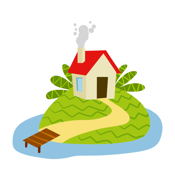 带有码头或码头的乡村住宅。绿山绿路的家。平的卡通插图。乡村白色建筑，红色屋顶。有河流和湖泊的乡村景观图片下载