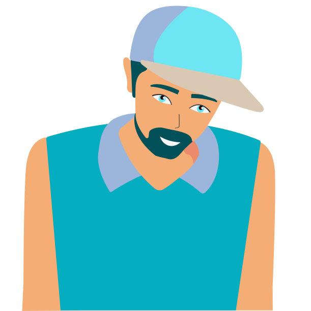 戴着一顶帽子，留着胡子的男人的肖像。穿着休闲装的阿凡达。快乐的概念。平面矢量。图片下载