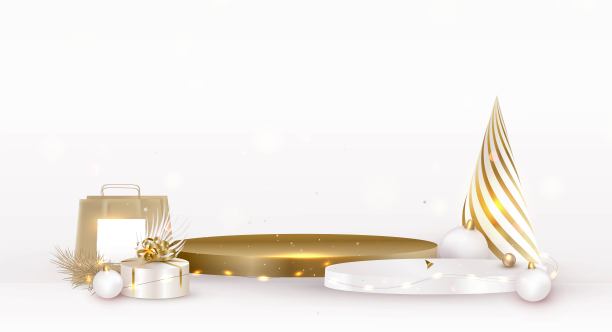 圣诞快乐，恭贺新禧。讲台工作室与礼物，盒子，圣诞球，装饰。假期模板图片下载