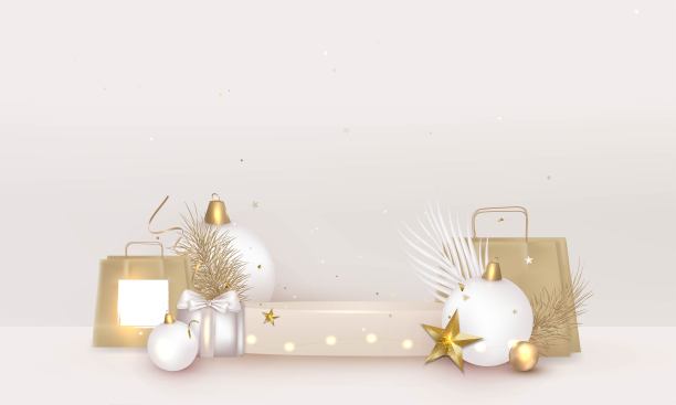 圣诞快乐，恭贺新禧。讲台工作室与礼物，盒子，圣诞球，装饰。假期作文。货物的模板。图片下载