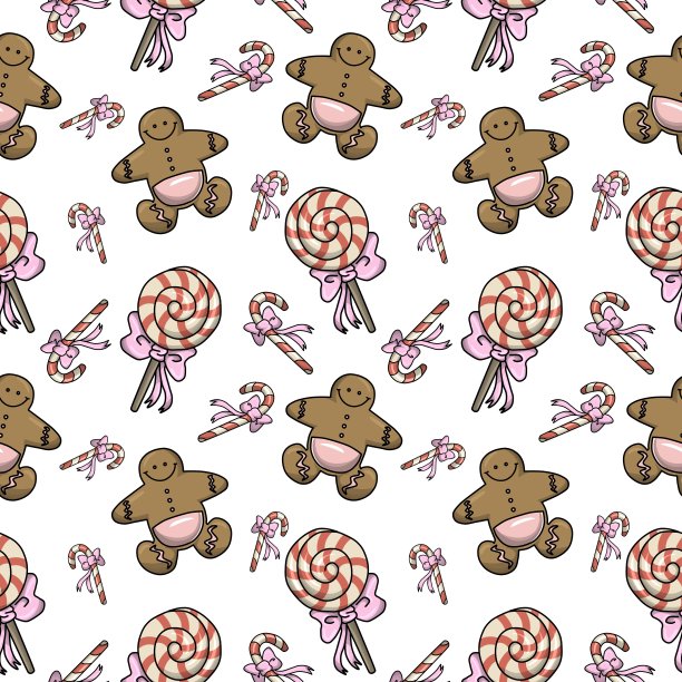 有糖霜和糖果的节日姜饼，姜饼人。无缝模式图片下载