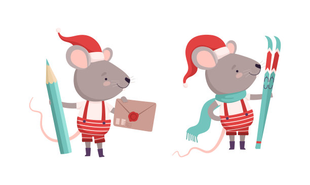 可爱的灰色老鼠在圣诞老人帽子持有信封与铅笔和滑雪向量集图片下载
