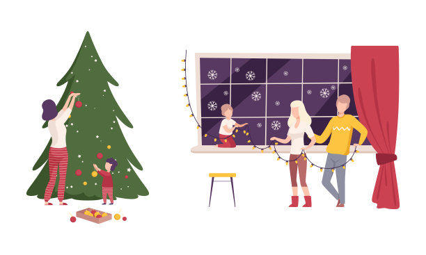 家庭装饰圣诞冷杉树和窗户与小玩意和花环矢量插图集图片下载