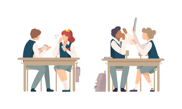 无聊的男孩和女孩学生或学生坐在桌子上笑和战斗的书在课程向量集合图片下载