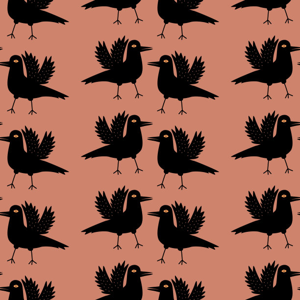 黑色乌鸦与令人毛骨悚然的眼睛手绘矢量插图。令人毛骨悚然的万圣节的性格。鸟无缝模式。图片下载